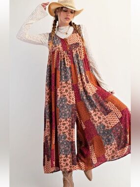412 ❤️ Apricot EASEL PATCHWORK PRINTED RAYON GAUZE JUMPSUIT